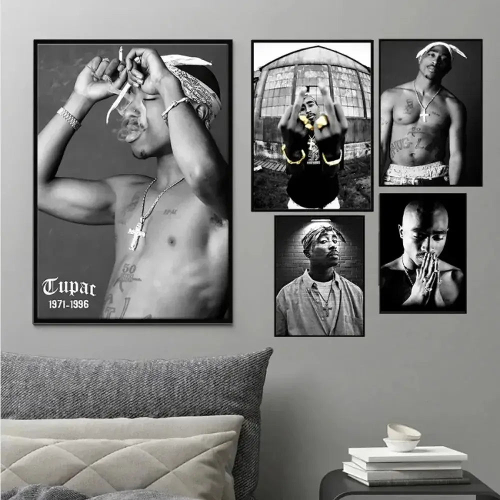 Black-and-white framed tupac canvas print featuring a portrait with tupac 1971-1996 text for hip hop wall art