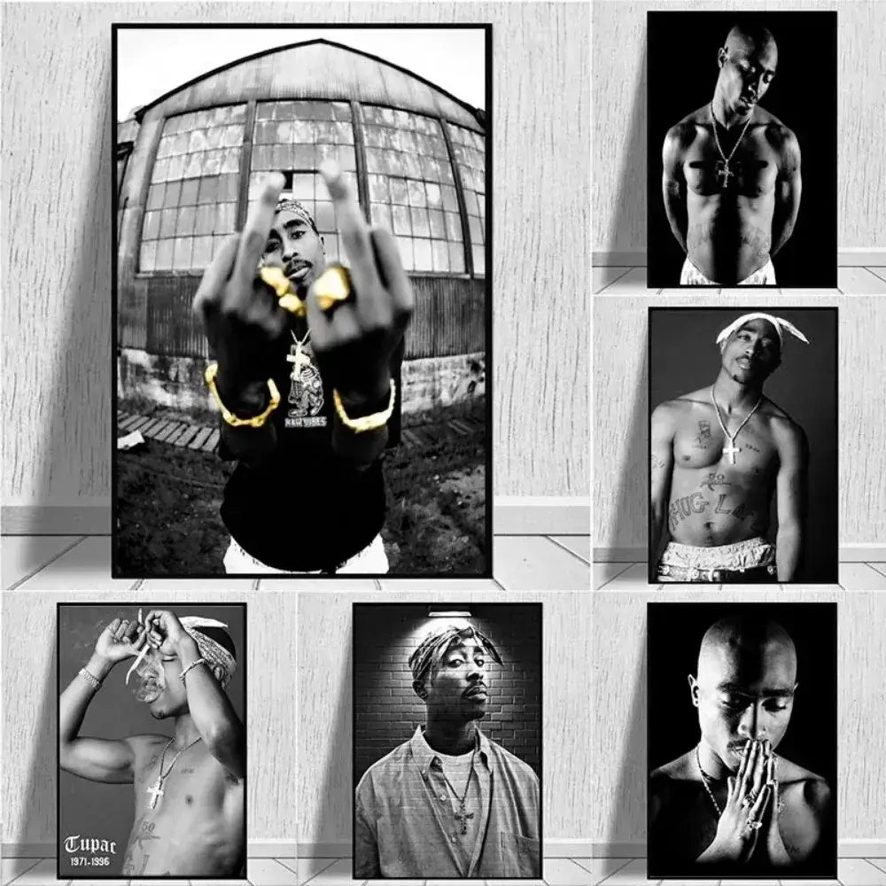 Black-and-white tupac canvas print featuring iconic poses in framed posters for hip hop wall art by DecorBites™