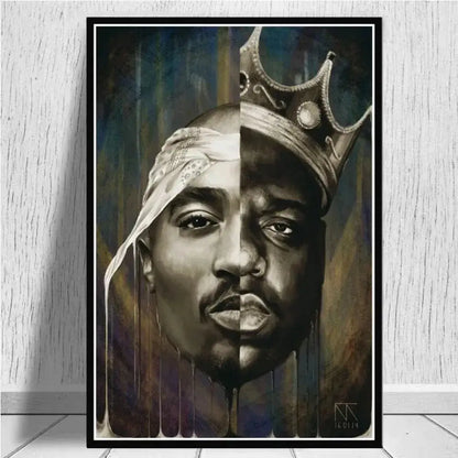 Black-framed tupac canvas print featuring a split portrait with white bandana and crown for hip hop wall art