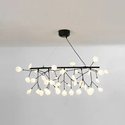 Black metal linear firefly pendant lighting with branching arms and frosted glass globe ceiling light for living room
