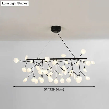 Black metal linear firefly pendant lighting with frosted glass globes in a branching design for living room ceiling light