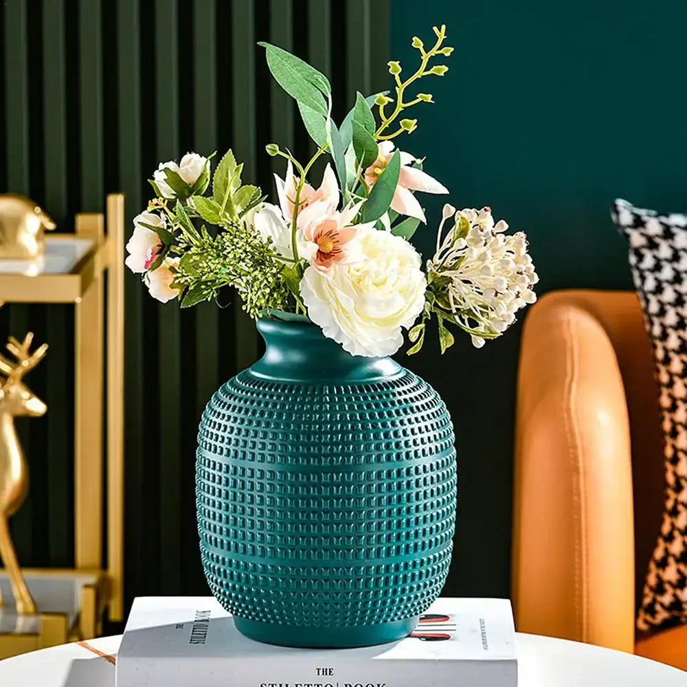 Teal ceramic DecorBites™ unbreakable modern floral vase with textured grid pattern for stylish home decor