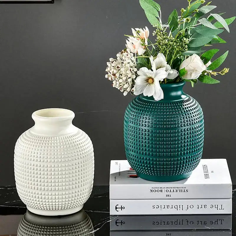 Teal ceramic DecorBites unbreakable modern floral vase with textured grid surface for elegant home decor
