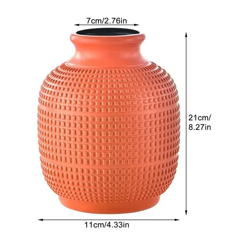 Terracotta unbreakable modern floral vase with textured grid ceramic design and black interior for home decor