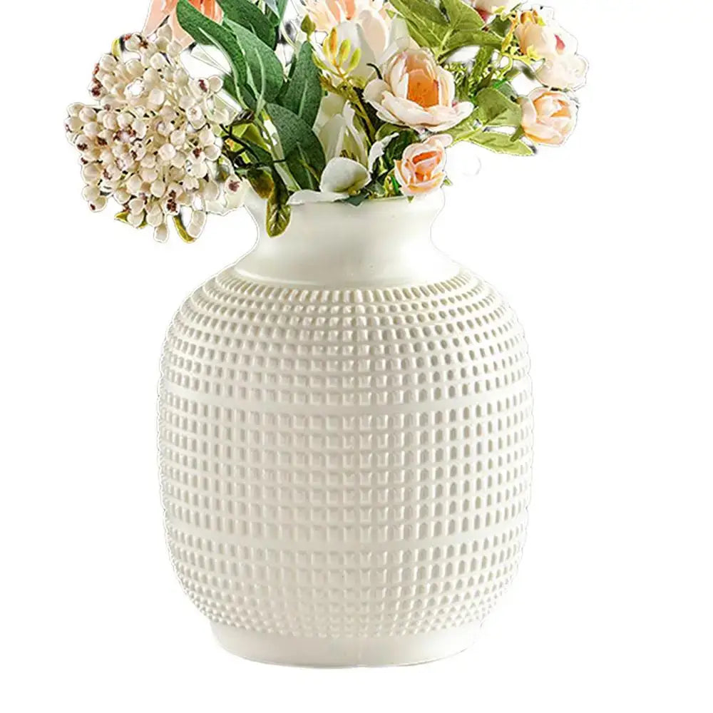White ceramic unbreakable modern floral vase with textured grid pattern for elegant home decor display