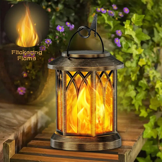 Decorbites upgraded flickering flame solar lanterns 2 pack bronze finished with solar panel top and flickering flame effect inside