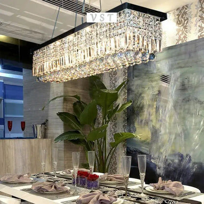 DecorBites™ upscale modern crystal chandelier with black frame and clear crystals for dining room lighting