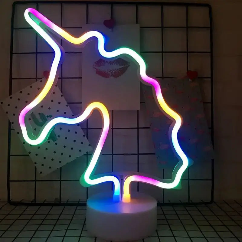 Decorbites™ led neon unicorn light sign with a glowing rainbow design and white base for home party decoration