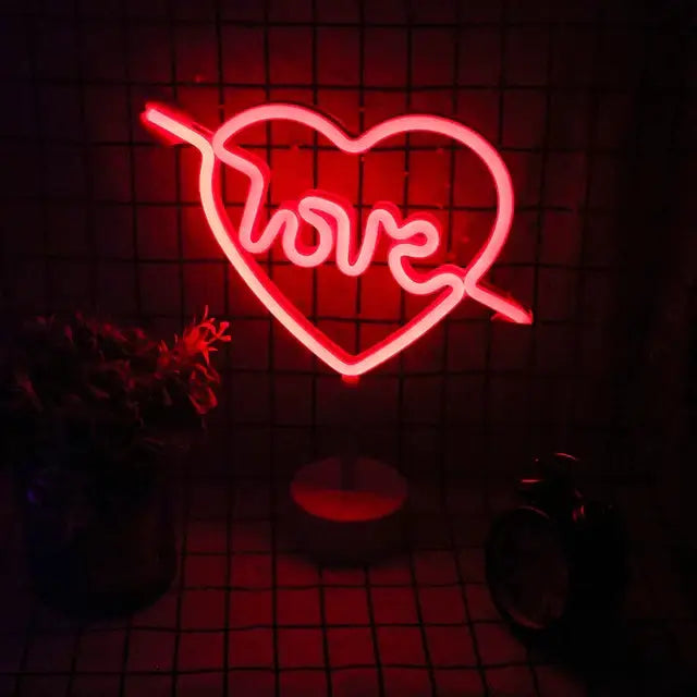 Decorbites usb led neon sign light glowing red heart shape with love word and arrow for holiday and wedding decoration