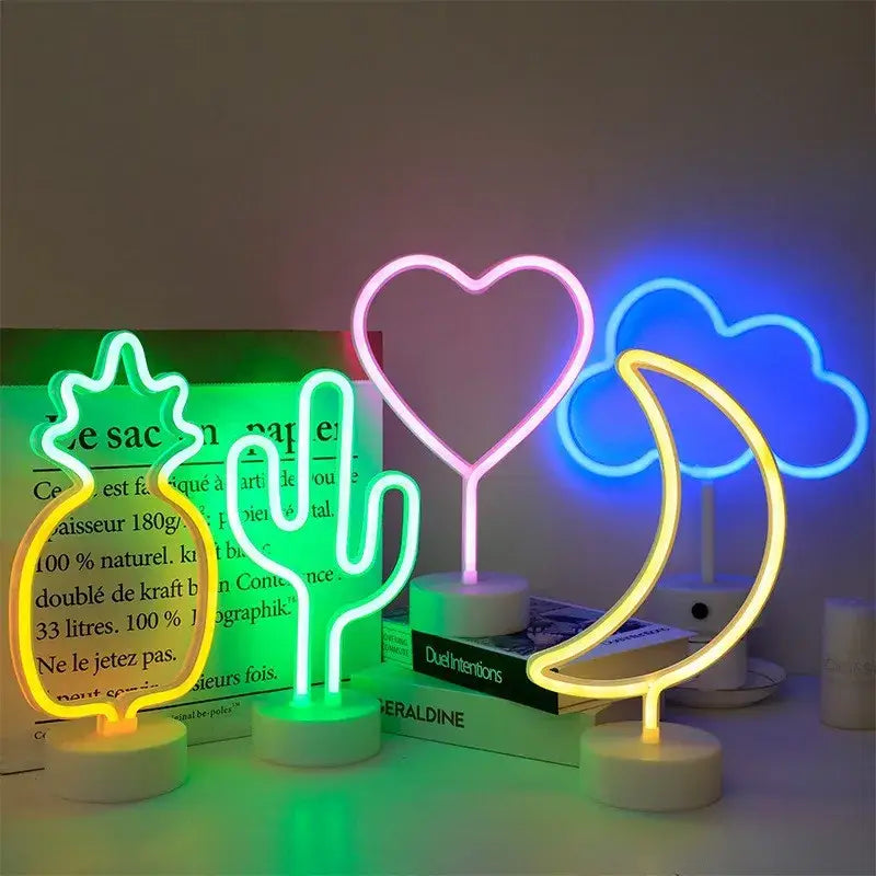 Decorbites™ usb led neon sign light set with colorful pineapple, cactus, heart, cloud, and crescent moon shapes for home decor