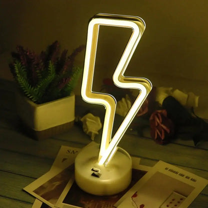 DecorBites™ led neon lightning bolt lamp with warm yellow light metallic frame and circular base for home decoration