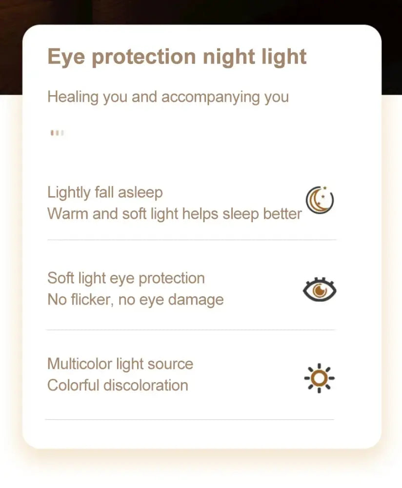 White rectangular label for decorbites™ pear silicone rechargeable night light with touch sensor and eye protection icons