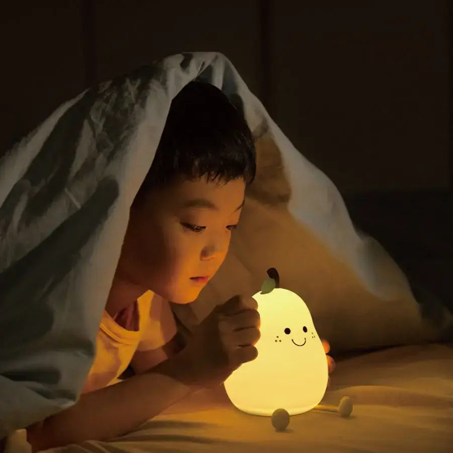 Decorbites usb rechargeable pear silicone night light with touch sensor and smiling face for kids bedroom use