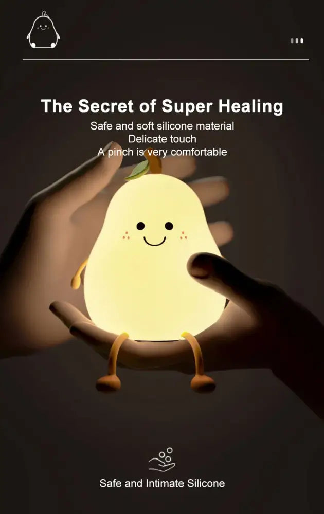 A soft glowing pear-shaped rechargeable silicone night light with smiling face and tiny legs for kids bedroom use