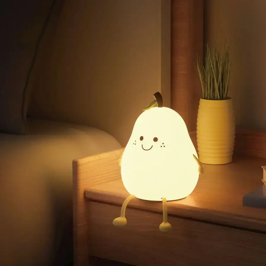DecorBites rechargeable pear silicone night light with smiling face and tiny legs for kids bedroom bedside use