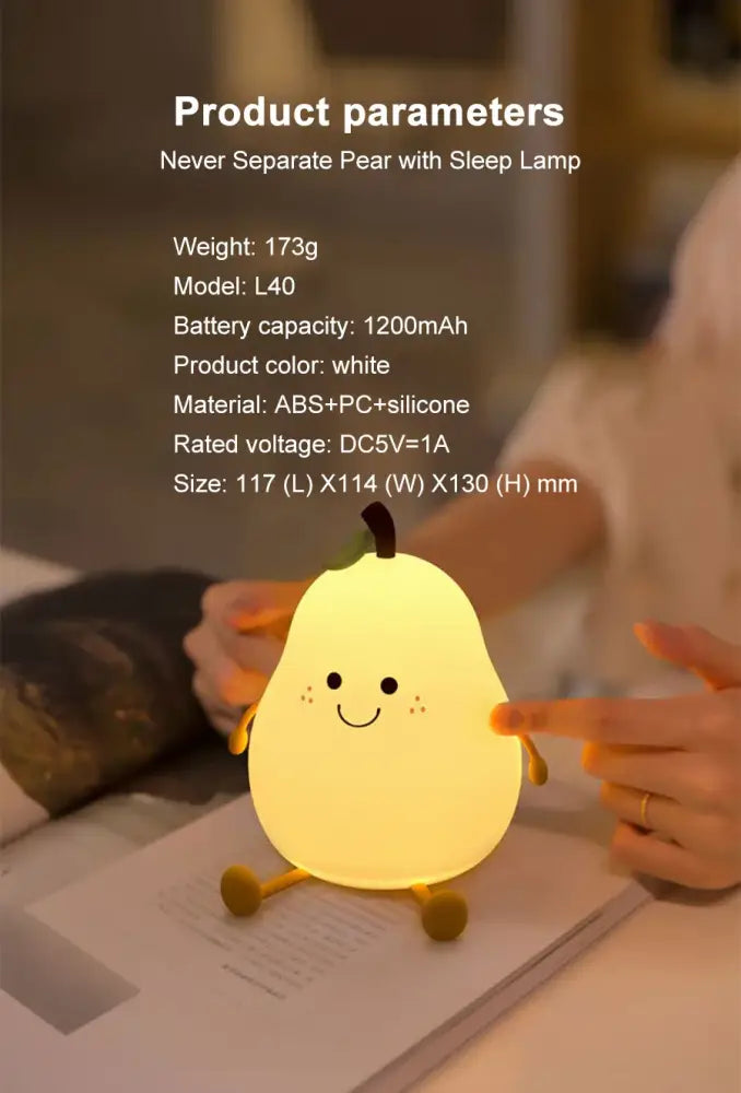 A white pear-shaped rechargeable night light made of abs and silicone with a smiling face for kids bedside use