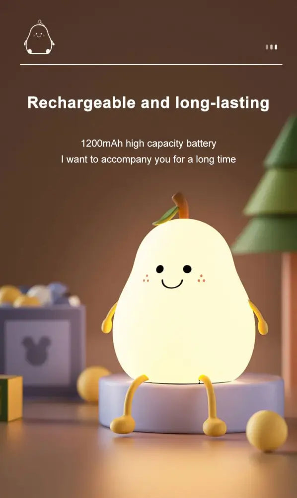 Decorbites usb rechargeable pear silicone night light with a smiling face yellow legs glowing bedside lamp for kids