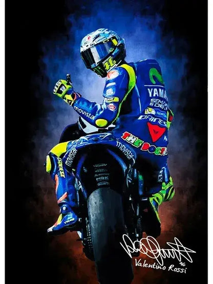 DecorBites Valentino Rossi canvas wall art featuring blue and neon green racing suit for living room display