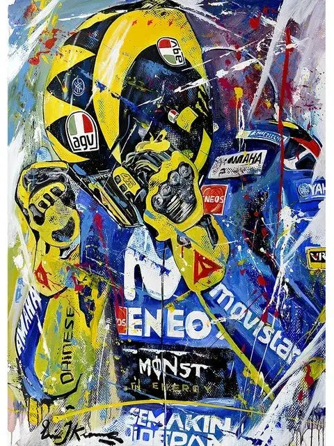 Decorbites™ valentino rossi canvas wall art featuring vibrant yellow and blue motorcycle racing helmet for living room decor