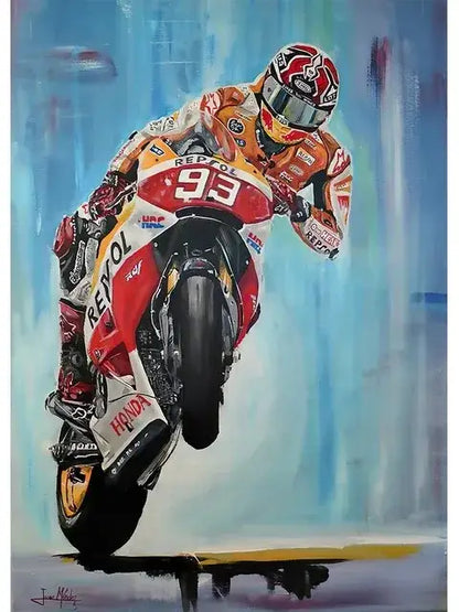 DecorBites™ Valentino Rossi motorcycle racing canvas wall art showing the back of an orange white Repsol Honda suit for living room