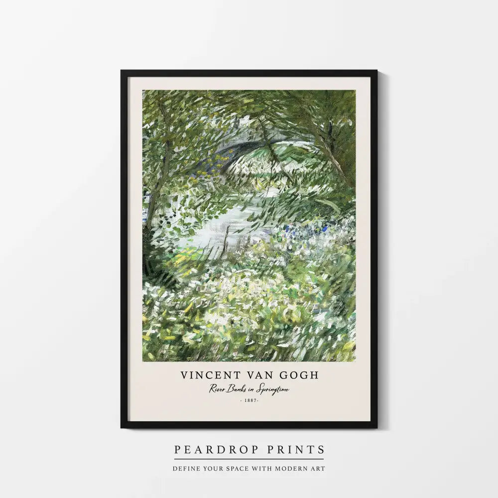 Black-framed DecorBites™ canvas print featuring Vincent Van Goghs impressionistic river banks painting from 1887
