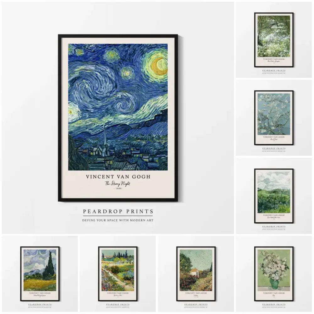 Black-framed decorbites™ vincent van gogh starry night canvas print featuring swirling blue and yellow stars above village