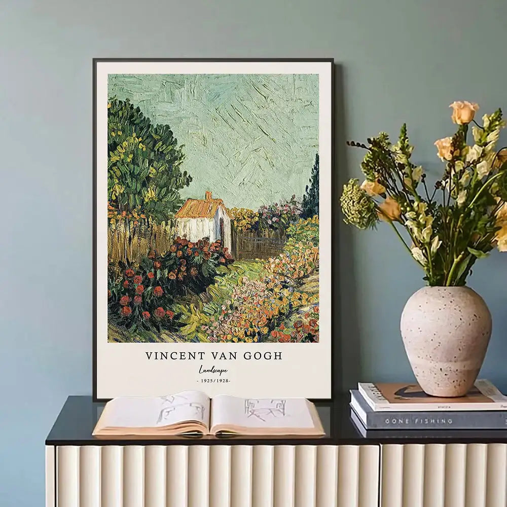 A framed vincent van gogh starry night canvas print with textured brushstrokes and vibrant greens reds and yellows in a black frame
