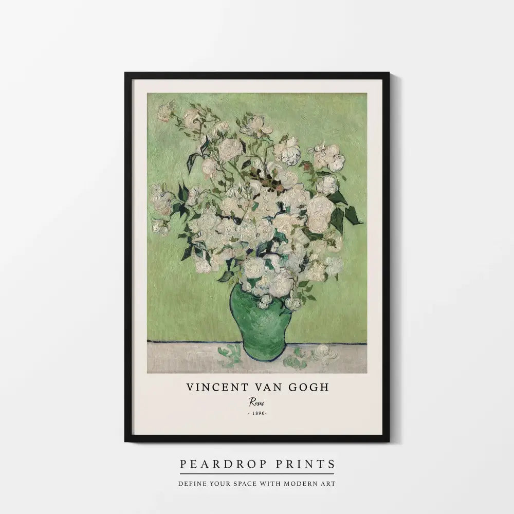A framed decorbites vincent van gogh starry night canvas print with white roses in a green vase and black frame