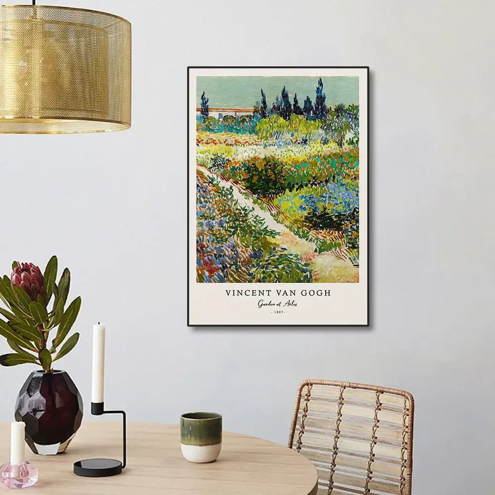 A framed decorbites™ vincent van gogh canvas print featuring garden at arles with vibrant colors and brushstrokes