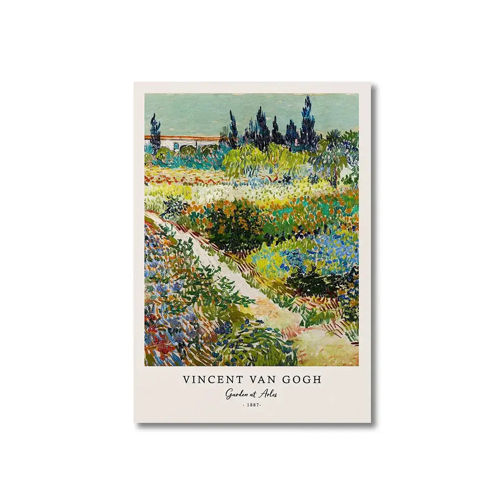 Decorbites vincent van gogh starry night canvas print featuring garden at ales painting with cream border and black text