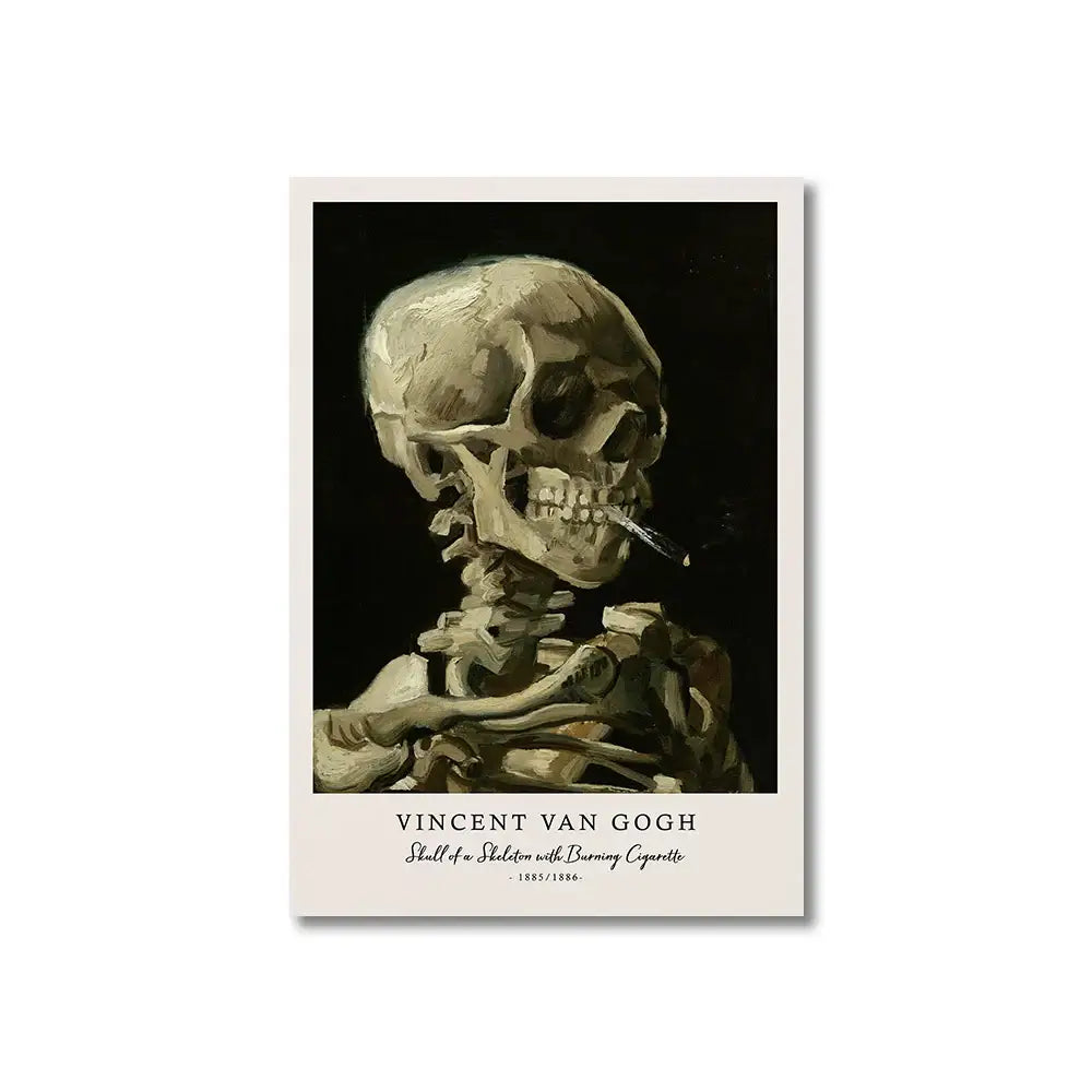 DecorBites™ Vincent Van Gogh starry night canvas print featuring textured earth-toned skeleton with burning cigarette