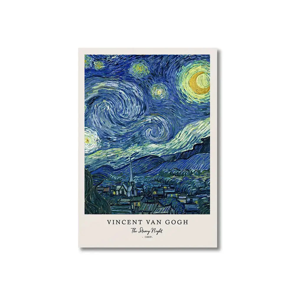 Decorbites™ vincent van gogh starry night canvas print featuring swirling blue and yellow celestial patterns above a village