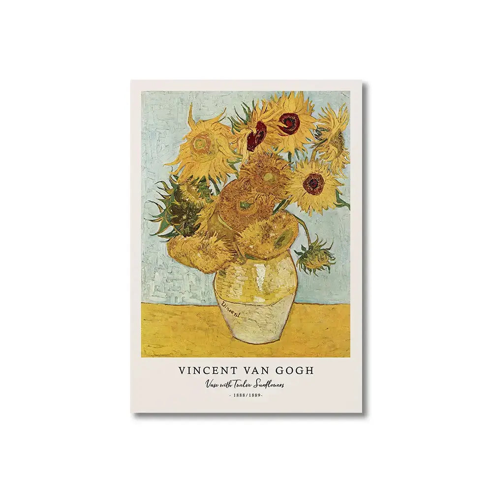 Decorbites™ vincent van gogh starry night canvas print featuring vibrant yellow sunflowers in textured off-white vase
