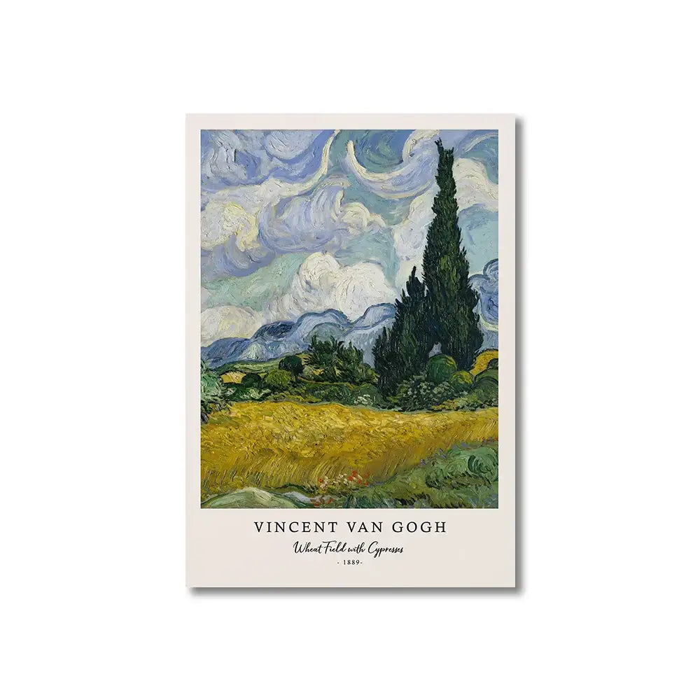 DecorBites™ vincent van gogh starry night canvas print featuring swirling blue clouds over golden wheat with dark green cypresses