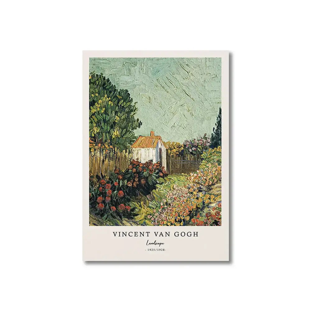 Decorbites™ vincent van gogh starry night canvas print featuring a white cottage with vibrant flowers under a teal sky