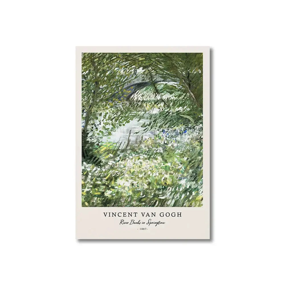 A rectangular decorbites™ canvas print of vincent van goghs river banks in springtime with greens blues and whites