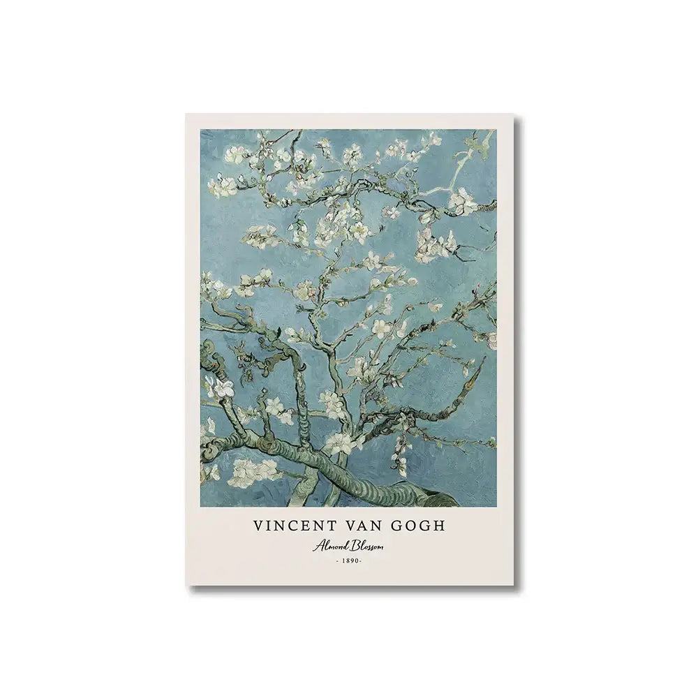 A rectangular decorbites™ canvas print of vincent van goghs almond blossom with white flowers on a soft blue background
