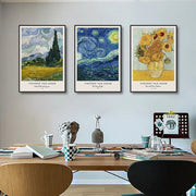 Three framed vincent van gogh art prints including starry night wheat field with cypresses and sunflowers in classic style