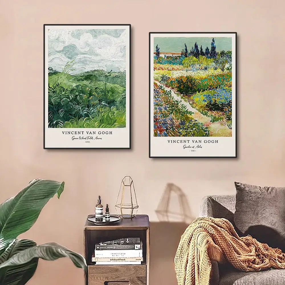 Two framed vincent van gogh art prints including wheatfield with crows and garden at aletsch in black frames on pink wall