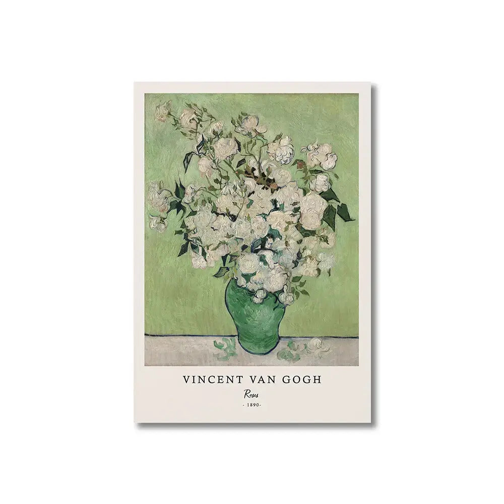 Decorbites™ vincent van gogh starry night canvas print with a vibrant green vase holding white roses on mint background