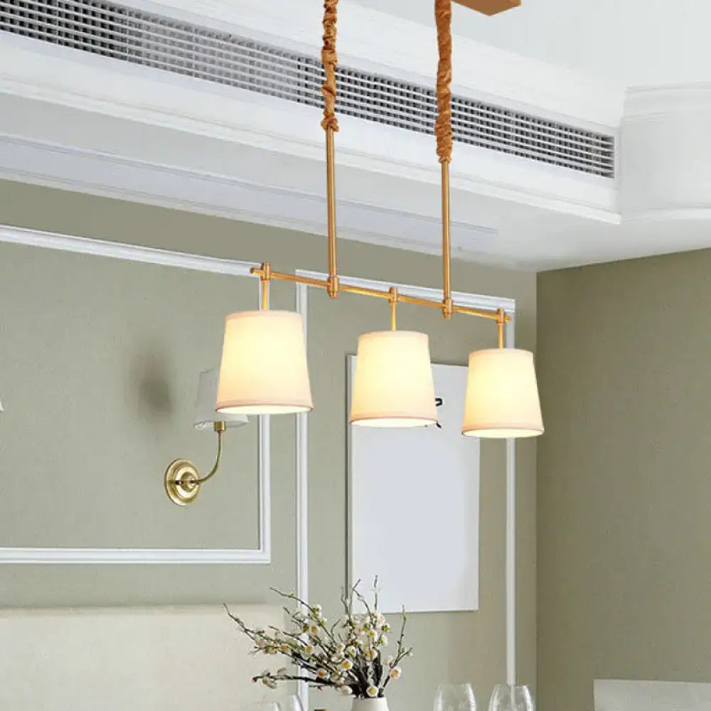 DecorBites™ vintage 3-head brass pendant light with gold-toned twisted rope cords and cream fabric shades for bucket island use