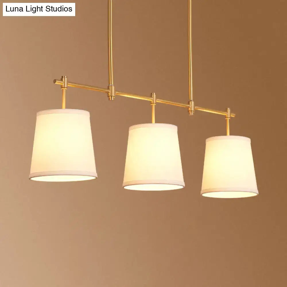Decorbites vintage brass pendant light with three off-white fabric shades in retro style bucket design for bucket island use