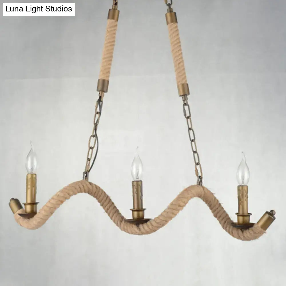 Decorbites vintage 3-head island pendant light with beige hemp rope body brass accents and candlestick bulbs