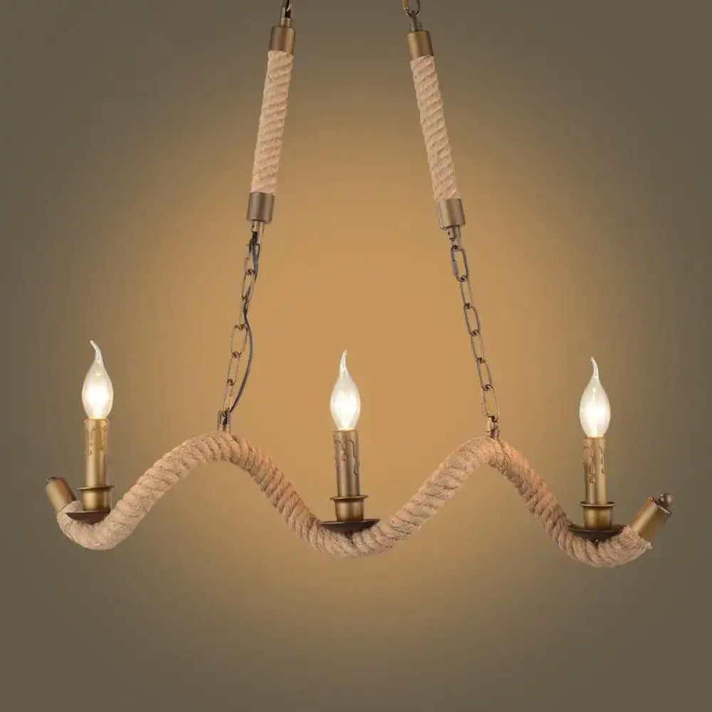 Decorbites vintage three-light island pendant light with wavy beige hemp rope and brass candlestick bulbs flaxen finish