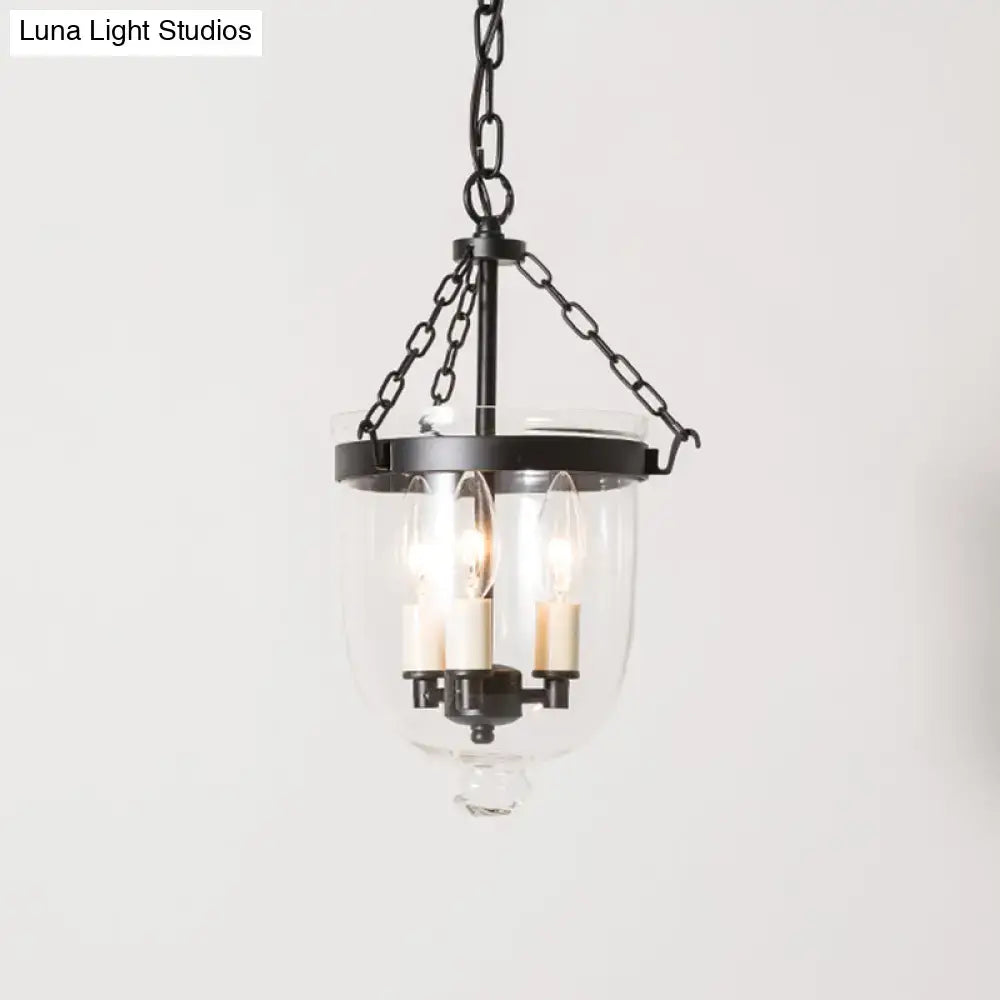 Black wrought iron DecorBites™ vintage 3-light inverted cloche pendant chandelier with clear glass and chain cord length