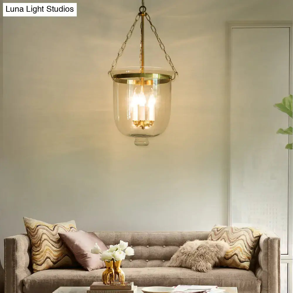 Brass-finished decorbites vintage 3-light inverted cloche pendant chandelier with clear glass and chain cord length
