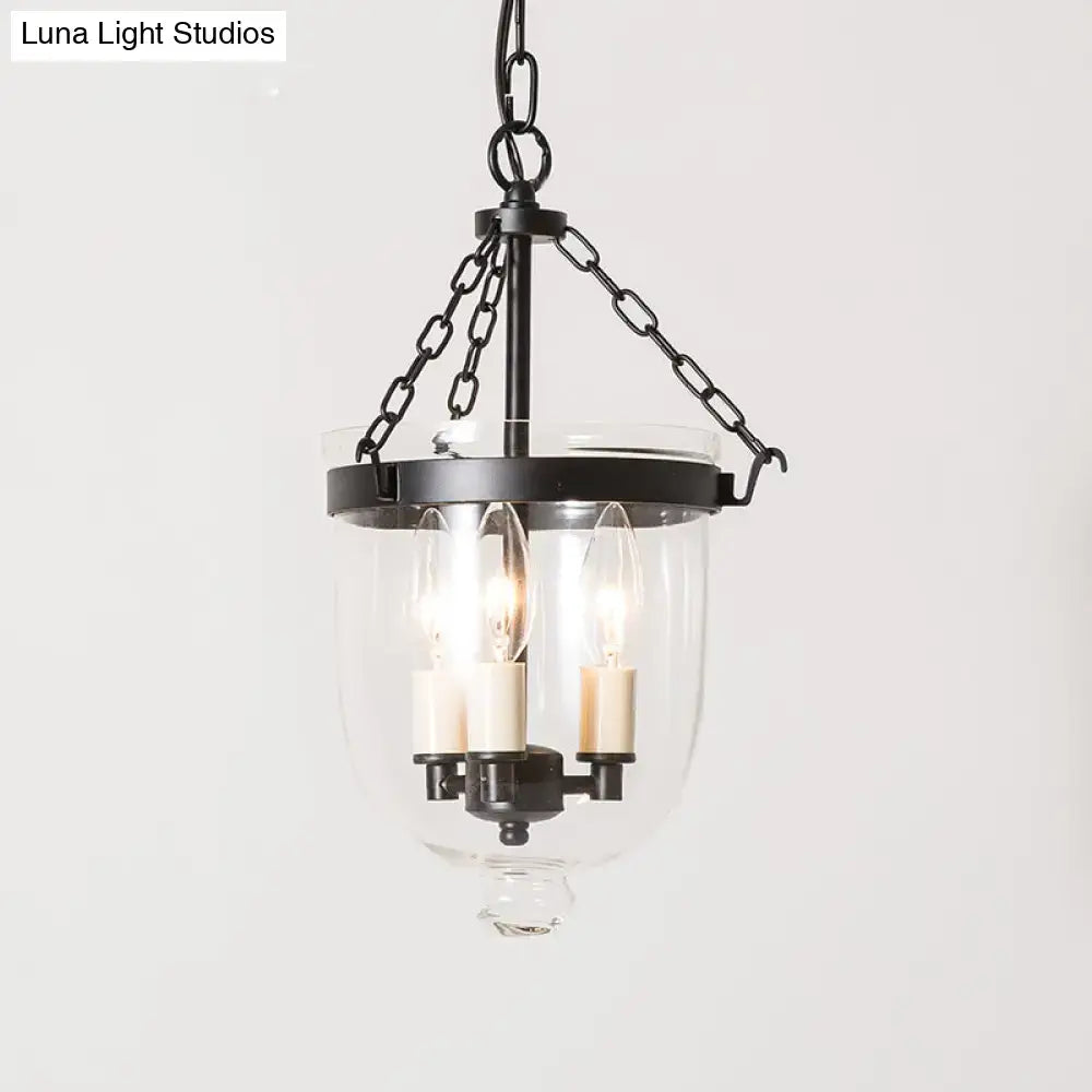 Black metal DecorBites vintage 3-light inverted cloche pendant chandelier with clear glass and exposed filament bulbs