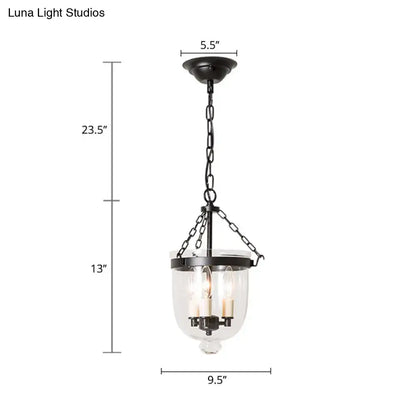 DecorBites vintage black metal 3-light inverted cloche pendant chandelier with clear glass and chain cord length suspension
