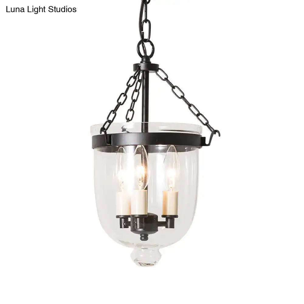 Black metal DecorBites™ vintage 3-light inverted cloche pendant chandelier with clear glass and chain cord length for living room