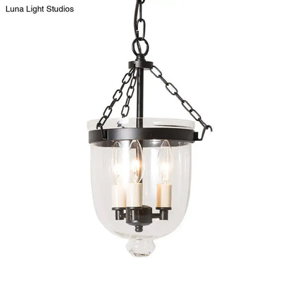 Black metal DecorBites™ vintage 3-light inverted cloche pendant chandelier with clear glass and chain cord length for living room